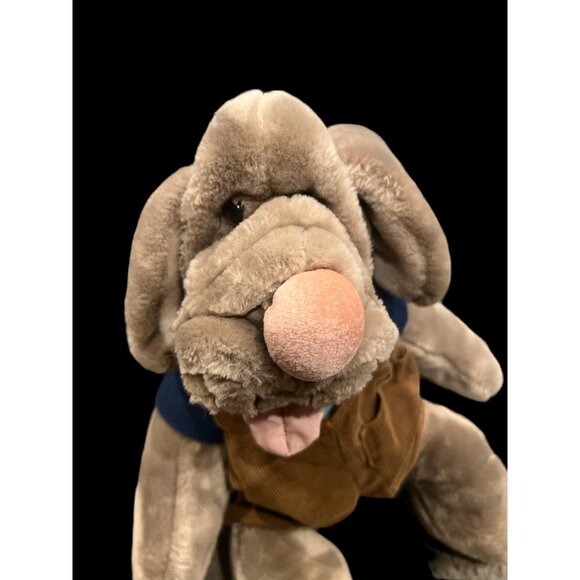 Ganz Vintage 1981 Wrinkles Plush Dog Hand Puppet Tan Pup Brown Corduroy Overalls - Picture 3 of 9